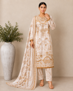Noor-e-Ivory Emboridered Printed 3 Piece Lawn Suit - Ivory Gold - Image 2