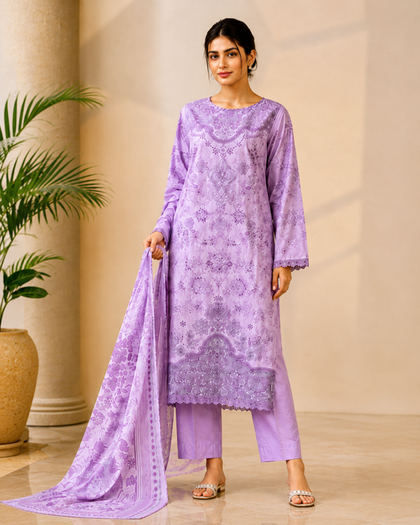 Noor-e-Ivory Emboridered Printed 3 Piece Lawn Suit - Lavender