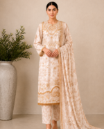Noor-e-Ivory Emboridered Printed 3 Piece Lawn Suit - Ivory Gold - Image 3