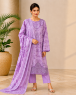 Noor-e-Ivory Emboridered Printed 3 Piece Lawn Suit - Lavender - Image 4