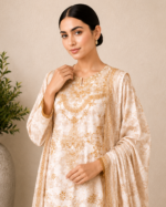 Noor-e-Ivory Emboridered Printed 3 Piece Lawn Suit - Ivory Gold - Image 4