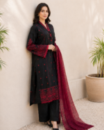 Crimson Noir 3 Piece Embroidered Stitched Shirt - Image 4