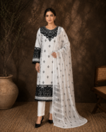Ivory Noir Luxe 3 Piece Embroidered Stitched Shirt - White & Black - Image 2