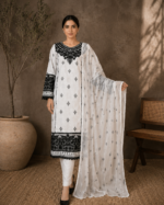 Ivory Noir Luxe 3 Piece Embroidered Stitched Shirt - White & Black