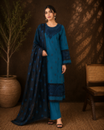 Ivory Noir Luxe 3 Piece Embroidered Stitched Shirt - Blue & Black - Image 2