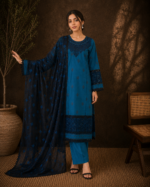 Ivory Noir Luxe 3 Piece Embroidered Stitched Shirt - Blue & Black