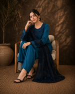 Ivory Noir Luxe 3 Piece Embroidered Stitched Shirt - Blue & Black - Image 4