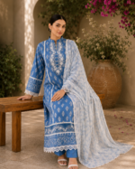 Noor-e-Aasmaan 3 Piece Embroidered Stitched Shirt - Blue & White - Image 2