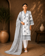Silver Whisper 3 Piece Embroidered Stitched Shirt - White & Grey