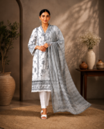 Silver Whisper 3 Piece Embroidered Stitched Shirt - White & Grey - Image 3