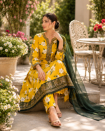 Mustard Yellow Floral Embroidered 3 Piece Stitched Suit - Image 2