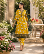 Mustard Yellow Floral Embroidered 3 Piece Stitched Suit - Image 4