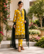 Mustard Yellow Floral Embroidered 3 Piece Stitched Suit