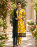 Mustard Yellow Floral Embroidered 3 Piece Stitched Suit - Image 5