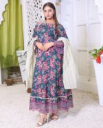 Fleur Élégance Printed Embroidered Lawn Frock Suit  – 3 Piece