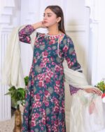 Fleur Élégance Printed Embroidered Lawn Frock Suit  – 3 Piece - Image 4
