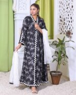 Noir Whisper Printed Embroidered Lawn Frock Suit with Plain Dupatta – 3 Piece