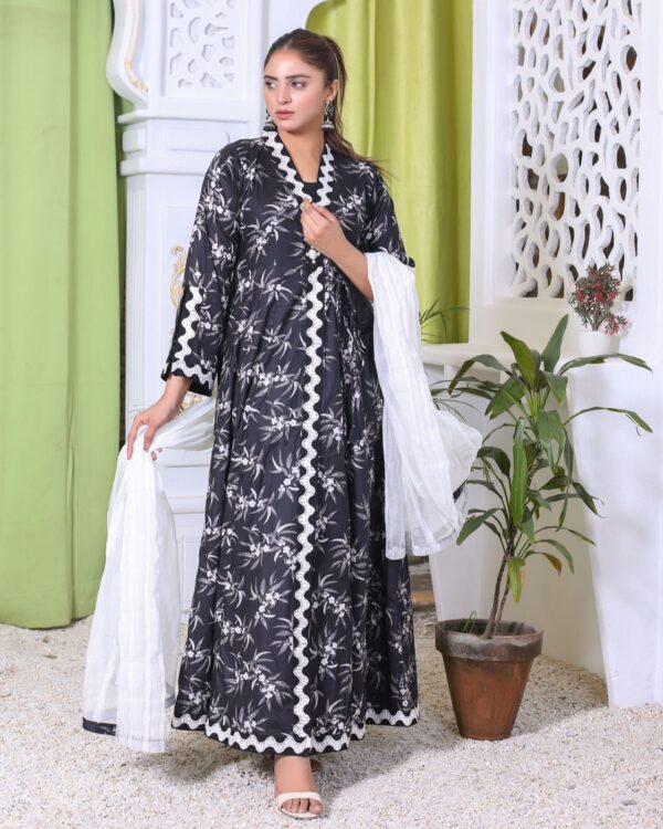 Noir Whisper Printed Embroidered Lawn Frock Suit with Plain Dupatta – 3 Piece