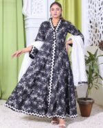 Noir Whisper Printed Embroidered Lawn Frock Suit with Plain Dupatta – 3 Piece - Image 2