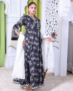 Noir Whisper Printed Embroidered Lawn Frock Suit with Plain Dupatta – 3 Piece - Image 3