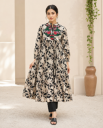 Ebony Blossom Embroidered Lawn Frock Suit with Printed Dupatta – 3 Piece - Image 2