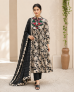 Ebony Blossom Embroidered Lawn Frock Suit with Printed Dupatta – 3 Piece - Image 7