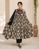 Ebony Blossom Embroidered Lawn Frock Suit with Printed Dupatta – 3 Piece