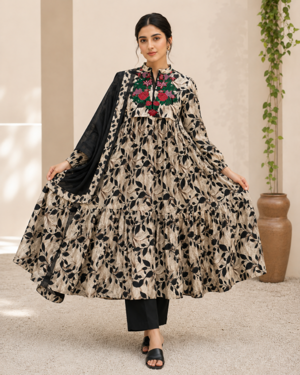 Ebony Blossom Embroidered Lawn Frock Suit with Printed Dupatta – 3 Piece