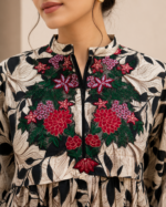 Ebony Blossom Embroidered Lawn Frock Suit with Printed Dupatta – 3 Piece - Image 5