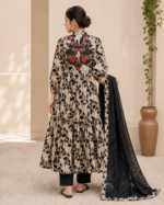 Ebony Blossom Embroidered Lawn Frock Suit with Printed Dupatta – 3 Piece - Image 3
