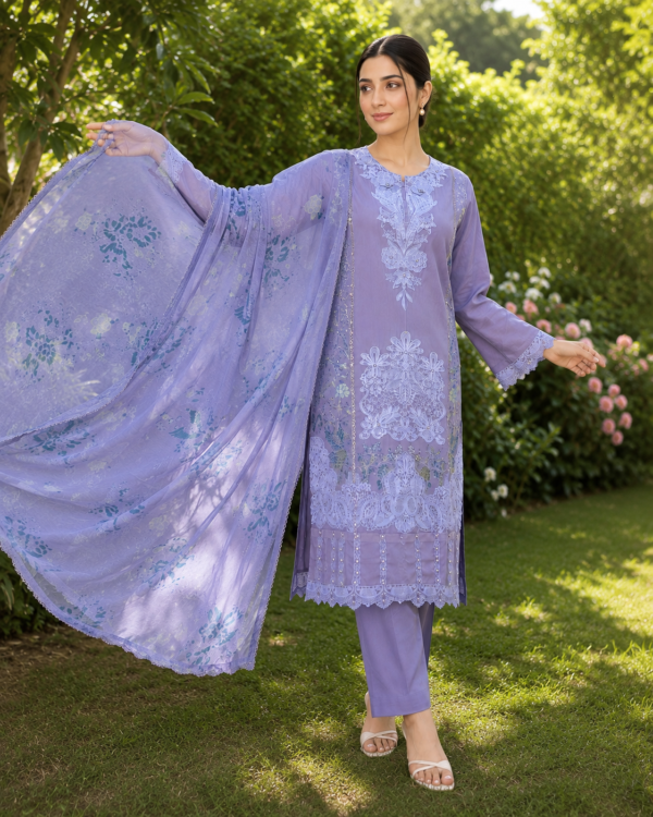 Ethereal Lavender Embroidered Lawn Suit with Shafoon Dupatta – 3 Piece