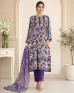 Purple Embroidered Lawn Frock Suit with Printed Dupatta – 3 Piece - Image 2