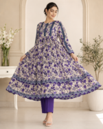 Purple Embroidered Lawn Frock Suit with Printed Dupatta – 3 Piece - Image 3