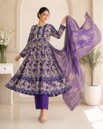 Purple Embroidered Lawn Frock Suit with Printed Dupatta – 3 Piece