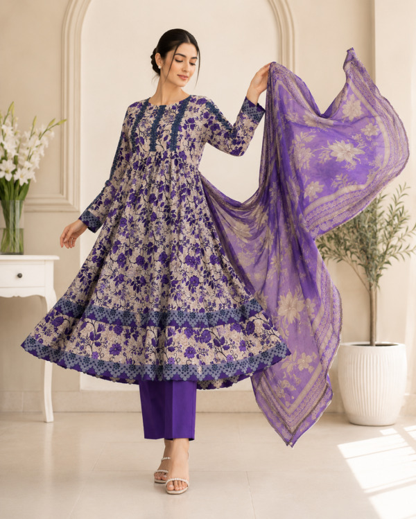 Purple Embroidered Lawn Frock Suit with Printed Dupatta – 3 Piece