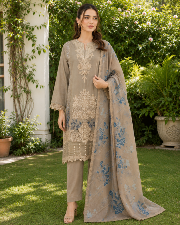 Ethereal Desert Bloom Embroidered Lawn Suit with Shafoon Dupatta – 3 Piece