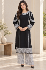 Black & White Embroidered Stitched 3-Piece Suit with Printed Shawl - Image 2