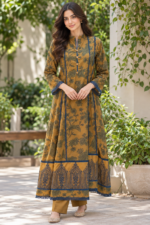 Mustard Yellow Printed Stitched 3-Piece Suit with Blue Floral Printed Shawl - Image 2