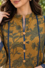 Mustard Yellow Printed Stitched 3-Piece Suit with Blue Floral Printed Shawl - Image 3