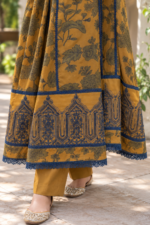 Mustard Yellow Printed Stitched 3-Piece Suit with Blue Floral Printed Shawl - Image 4