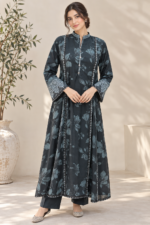Charcoal Grey Printed Stitched 3-Piece Suit with Botanical Shawl Printed - Image 2