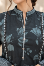 Charcoal Grey Printed Stitched 3-Piece Suit with Botanical Shawl Printed - Image 3