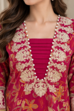 Magenta Pink Printed Stitched 3-Piece Suit with Textured Dupatta - Image 3