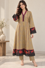 Beige Printed Stitched Frock 3-Piece Suit with Dark Floral Shawl - Image 2