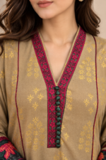Beige Printed Stitched Frock 3-Piece Suit with Dark Floral Shawl - Image 3