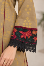 Beige Printed Stitched Frock 3-Piece Suit with Dark Floral Shawl - Image 4