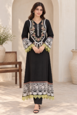 Black Embroidered Stitched 3-Piece Suit with Floral Printed Shawl - Image 2