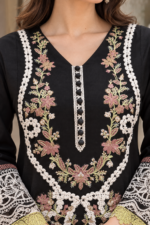 Black Embroidered Stitched 3-Piece Suit with Floral Printed Shawl - Image 4