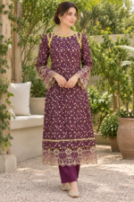 Plum Purple Printed Stitched 3-Piece Suit with Floral Printed Shawl - Image 2