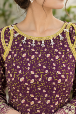 Plum Purple Printed Stitched 3-Piece Suit with Floral Printed Shawl - Image 3